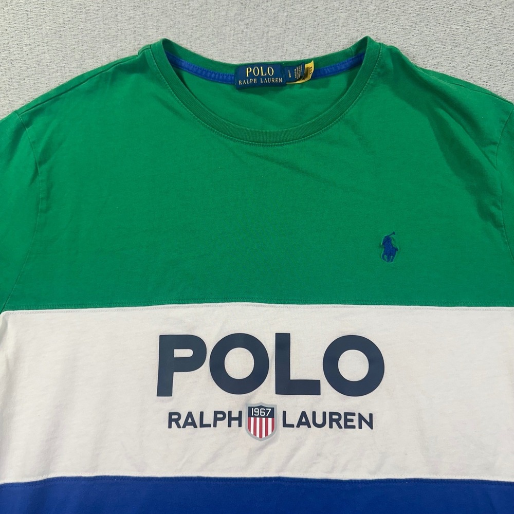 Polo Ralph Lauren T-Shirt Mens L Green White Blue Colorblock Logo Graphic Preppy